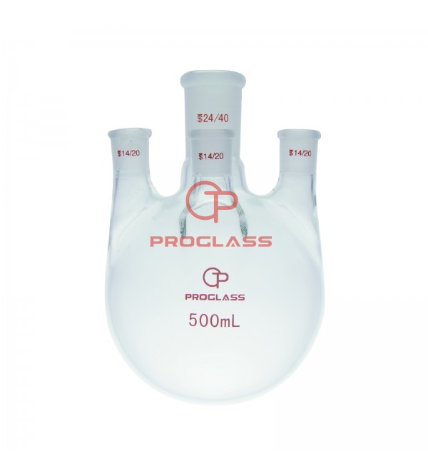 Proglass Straight 3 Necks Round Bottom Flask 500mL,All 14//20 Joints